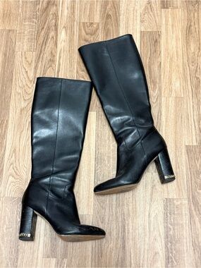 Michael Kors Black Leather Knee High Block Heel Boots Gold Chain Detail 7.5